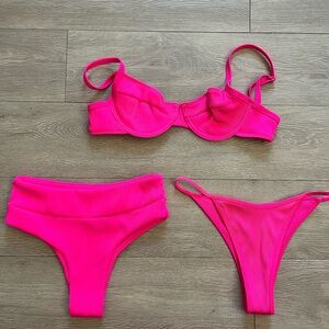 Kulani Kinis Pink Flamingo Ribbed 3-Piece Bikini Set | Size S